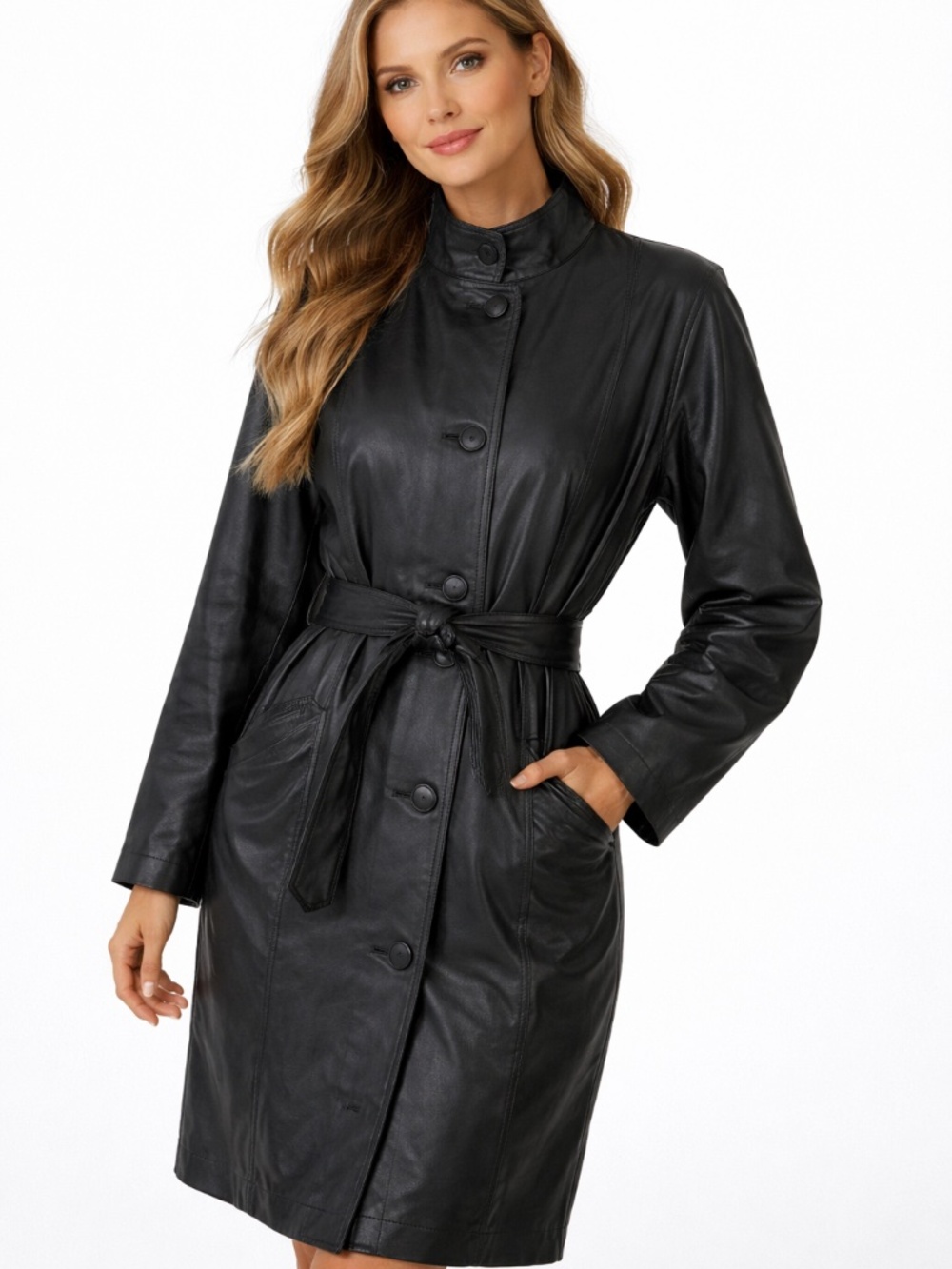 Vera Pelle Women’s Vintage Long Black Belted Italian Leather Coat. Size Large.
